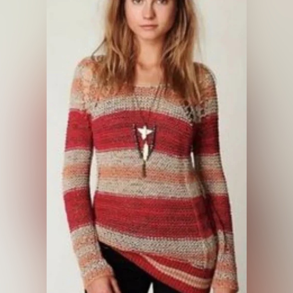 Free People Striped Red and Tan Women's Crochet Sweater